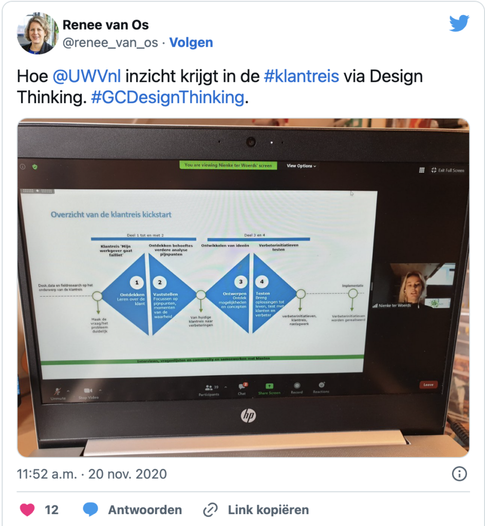 Tweet van Renee van Os @renee_van_os: Hoe @UWVnl inzicht krijgt in de #klantreis via Design Thinking. #GCDesignThinking.