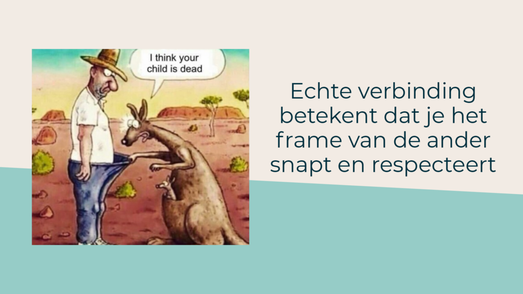 Illustratie van een kangoeroe die in de broek van een man kijkt en zegt: I think your child is dead.