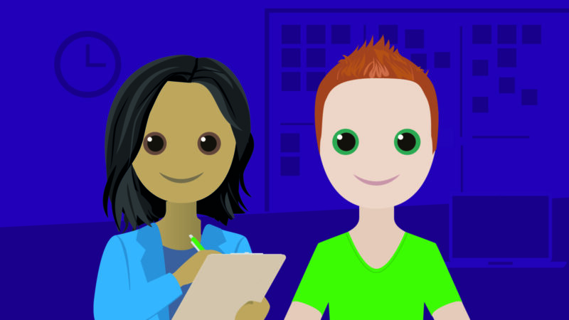 2 avatars waarvan 1 een notitieblok met pen in haar handen heeft - de ander is de testpersoon