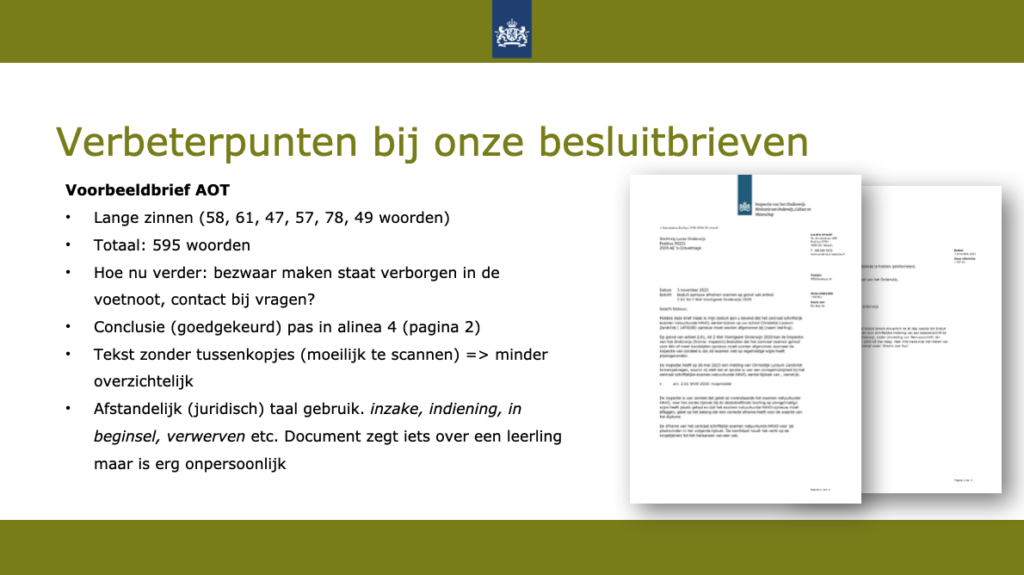 Verbeterpunten bij onze besluitbrieven, met een afbeelding van de voorbeeldbrief AOT erbij.