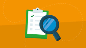 Illustratie van een document op een clipboard met checklist en een een vergrootglas