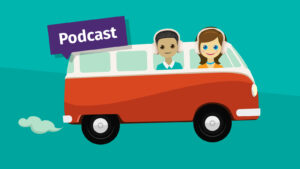 Direct Duidelijk Tour-busje met 2 avatars erin met koptelefoon op en de tekst 'podcast'