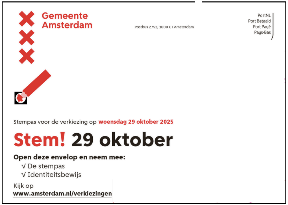 Envelop van de gemeente Amsterdam. Na de afbeelding volgt de uitgeschreven tekst op deze envelop.