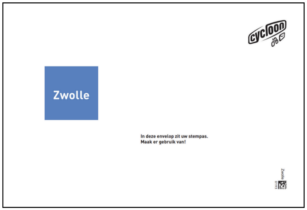 Envelop van de gemeente Zwolle. Na de afbeelding volgt de uitgeschreven tekst op deze envelop.