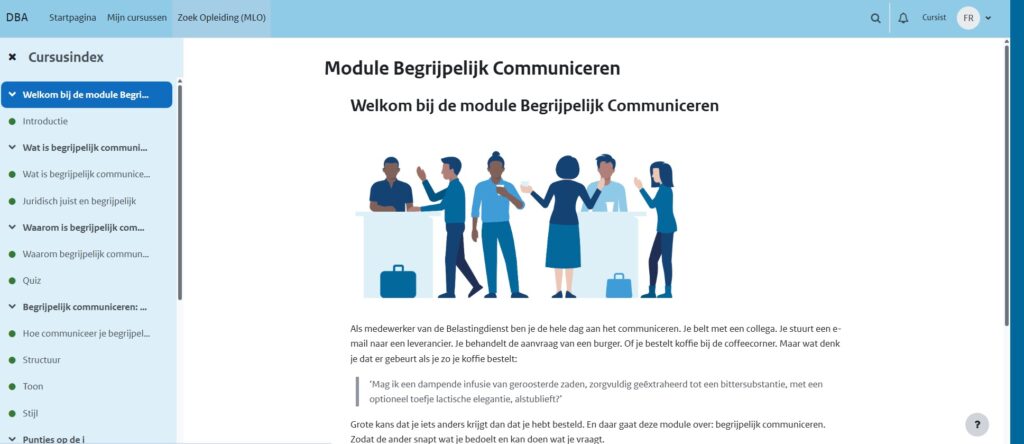 Eerste pagina van de Module Begrijpelijk Communiceren, onderdeel van de e-learning van de Belastingdienst.