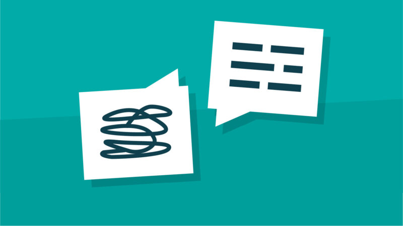 Een tekstwolk met gekrabbel en een tekstwolk met een icoon van duidelijke tekst