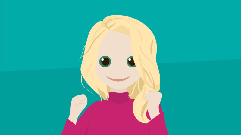 Een avatar van een vrouw die enthousiast haar armen omhoog houdt