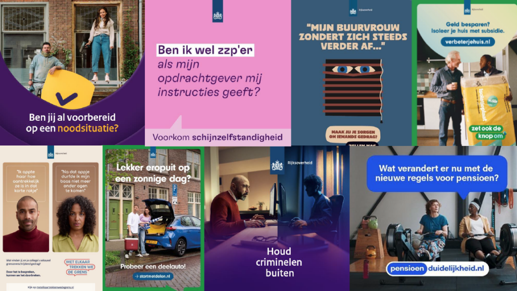Verschillende boodschappen van de overheid. Uitgeschreven tekst volgt na de afbeelding.