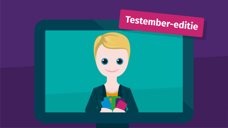 Avatar op monitor met kaarten van het Optimaal Digitaal Spel in de hand en een banner met de tekst Testember-editie