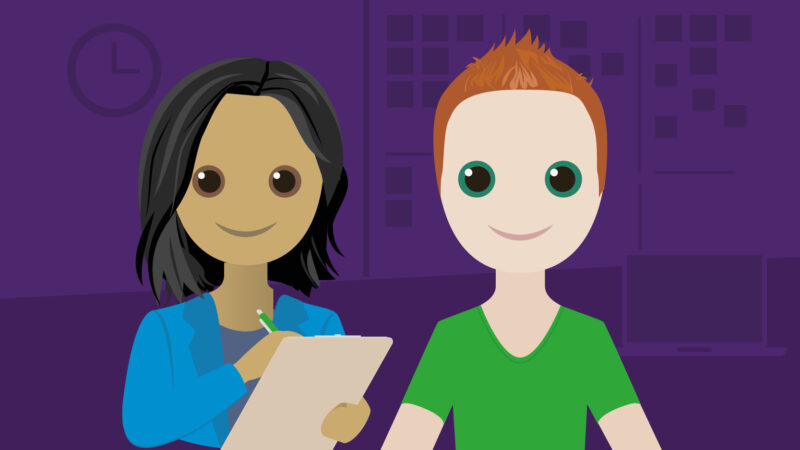 Logo testlab met twee avatars waarbij een een klapbord in de hand heeft om notities te maken.