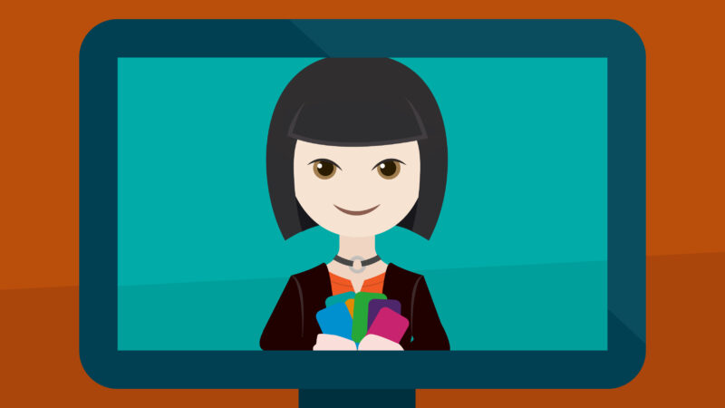 Illustratie van een avatar met zwart haar op een beeldscherm die de tipkaarten van Optimaal Digitaal in handen heeft