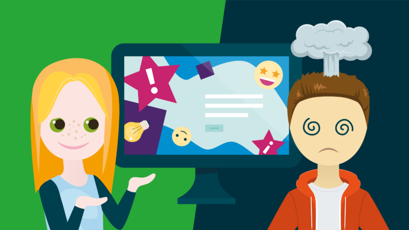 Illustratie, met links iemand die blij/trots naar een druk computerscherm wijst. En rechts van het scherm die duidelijk totaal verward is door wat er allemaal op dat scherm te zien is.